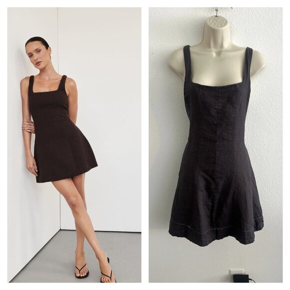 DISSH Dresses & Skirts - Dissh Dress Womens US 8 100% Linen Dark Gray Mini Square Neck Sleeveless Smocked